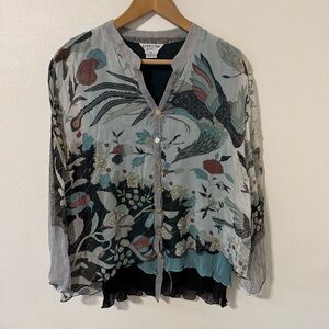 Citron Santa Monica Silk Layered Blouse Blue Black Asian Floral Crane Print-0X